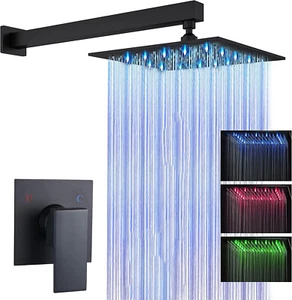 Black Shower Faucet Set 8" LED Rainfall Shower Head Combo Kit with Mixing Valve - Picture 1 of 6