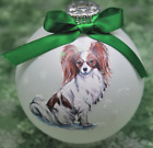 D514 Hand-made Christmas Ornament dog Papillon - red fawn & white sitting (green