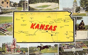 Postal KS: Saludos desde Kansas, Mapa, Multivew, Lino Vintage Años 40 - Imagen 1 de 2