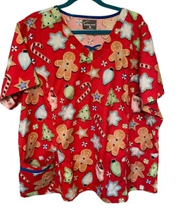 Butter Soft UV Christmas Cookies Gingerbread Man Medical Scrub Top -Unisex 3X - Picture 1 of 12