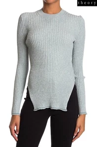 THEORY NWT $325 MOULINE RIBBED KNIT L/S VISCOSE EGGSHELL BLUE SWEATER. SZ M - Picture 1 of 11