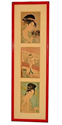 Antiguo tríptico japonés firmado original Edo Ukiyo-e Kabuki impresión en madera 19C Foto 1 de 4