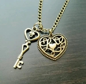 30 inch Long Bronze Large Retro Key Love Heart  Necklace Vintage Jewelry  - Picture 1 of 3