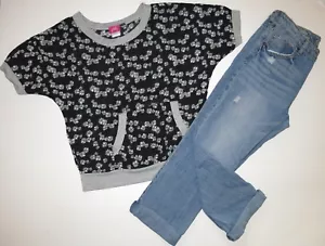Cherokee girls Boyfriend fit jeans crop denim PINKY short sleeve top shirt 14 12 - Picture 1 of 5