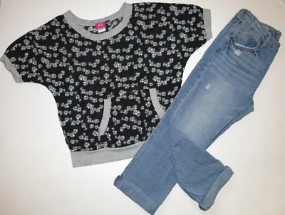 Cherokee girls Boyfriend fit jeans crop denim PINKY short sleeve top shirt 14 12 - Image 1 of 4