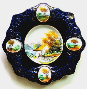 RB Alcobaca Portugal Art Pottery Decorative Cobalt Plate Gilded Rim Handpainted - Picture 1 of 7