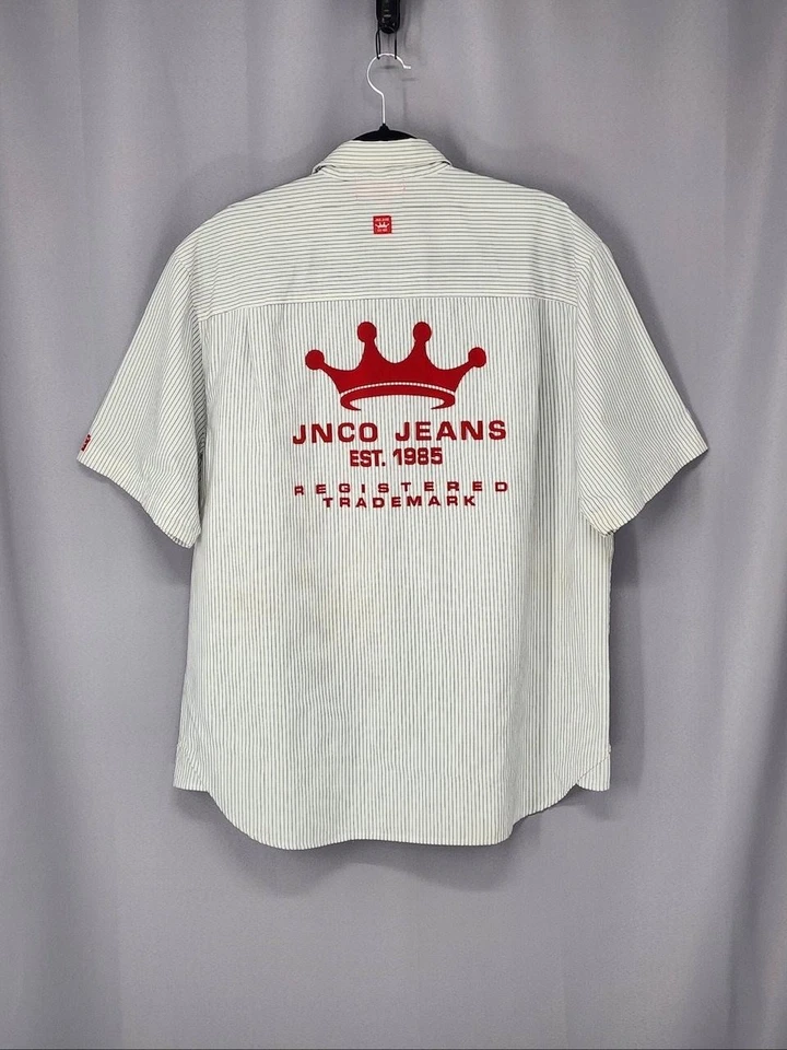 Camisa de mezclilla JNCO de colección para hombre grande blanca a rayas manga corta botón delantero Foto 1 de 4