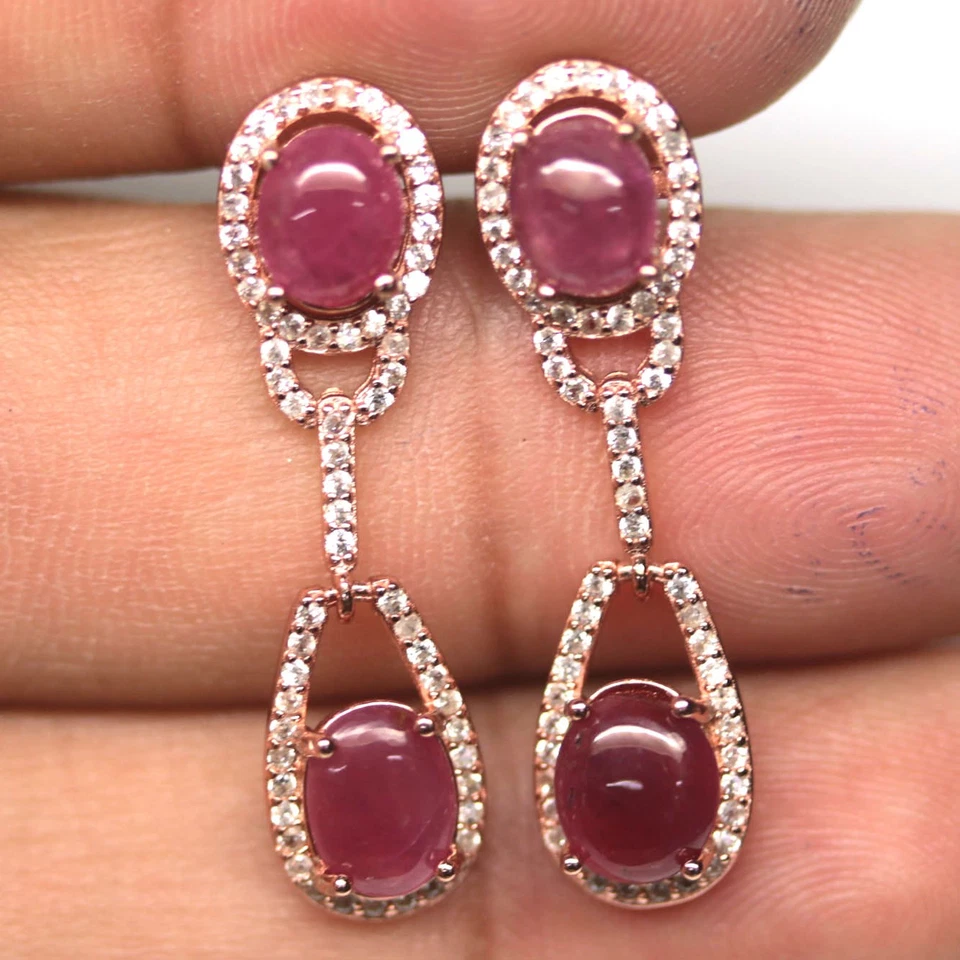 925 Sterling Silver Red Ruby & Cubic Zirconia Earrings Rose Gold Coated - Image 1 of 4
