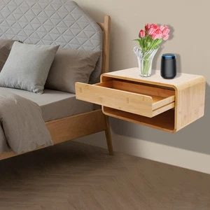 Floating Nightstand w/ Drawer Rustic Wood Floating Wall Mounted Bedside Cabinet - Picture 1 of 13