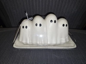 4 Spooky Ghosts Halloween White Ceramic Butter Dish Container NWT - Picture 1 of 4