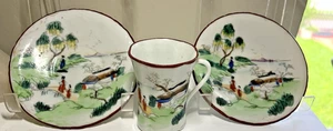Trio vintage giapponese conchiglia d'uovo porcellana geisha litofano dipinto a mano - Foto 1 di 22