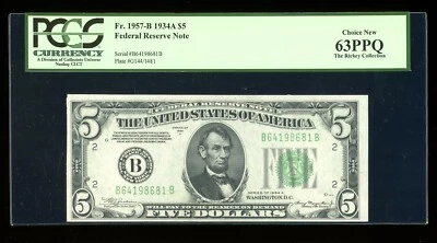 DBR 1934-A $5 FRN New York Fr. 1957-B PCGS 63 PPQ Serial B64198681B - Image 1 of 2