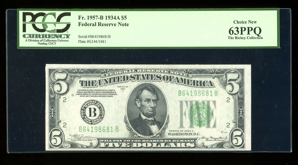DBR 1934-A $5 FRN New York Fr. 1957-B PCGS 63 PPQ Serial B64198681B - Image 1 of 2