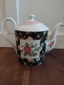 Mary Engelbreit Teapot W/ Roses and Flowers 2002 Black White Pink Beautiful! - Picture 1 of 6