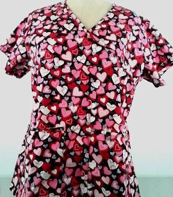 Tafford Lisa V-Neck Pink Hearts Scrub Top Size XS                          (B13) - Image 1 of 4