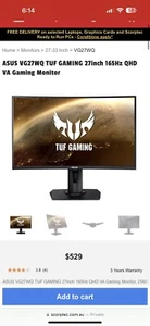 ASUS VG27WQ TUF GAMING 27inch 165Hz QHD VA Gaming Monitor - Picture 1 of 2
