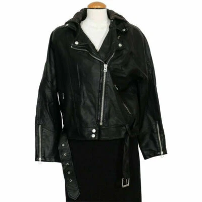 FREE PEOPLE Black Drapey Faux Leather Moto Hooded Jacket M - Image 1 of 4