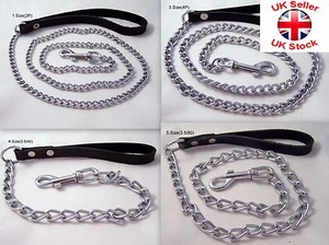 Dog Chrome Plated Chain Pet Lead Leash With Leather Strap Handle 9 Sizes - Picture 1 of 10