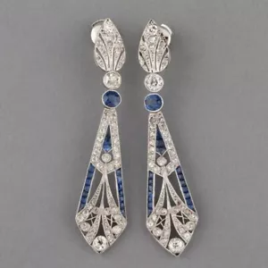 Art Deco Round Lab Created Diamond & Sapphire Wedding 14K White Gold FN Earrings - Picture 1 of 8