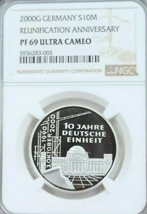 2000 GERMANY SILVER 10 MARK REUNIFICATION ANNIV NGC PF 69 ULTRA CAMEO TOP POP - Picture 1 of 4