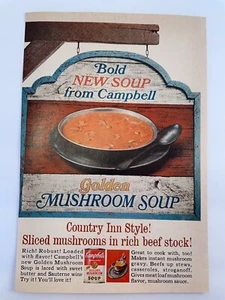 1967 Campbell's Bold New Golden Mushroom Soup Print Ad Tavern Sign Motif - Picture 1 of 2
