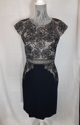 Vestido para mujer ANTONIO MELANI talla 6 azul ajustado encaje dorado superpuesto forrado elástico Foto 1 de 4