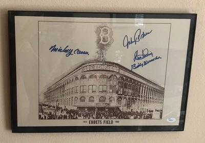 Signed Ebbets Field Poster Podres, Herman, Owen, Labine JSA COA  12”X 18” Framed - Image 1 of 4