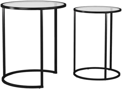 2X Round Nesting Coffee Tables Set Black Steel Base Tempered Glass Top Modern - Image 1 of 4