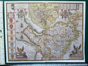 Old Antique Tudor map Cheshire, Chester, England Speed 1600's Reprint - Picture 1 of 17