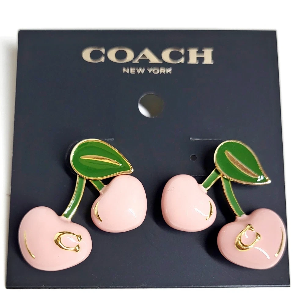 Coach  Cherry Stud Hypoallergenic Earrings Gold Pink Cubic Zirconia CI888