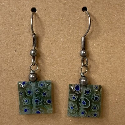 Murano Glass Earrings 14mm Square Drop dangle Green Blue - Image 1 of 4
