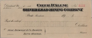 Cheque dividendo en blanco Coeur d'Alene Silver-Lead Mining Co. de la década de 1890 #3242 Butte MT - Imagen 1 de 2