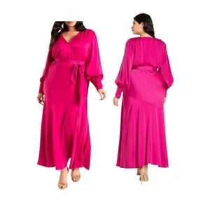 NEW ELOQUII Magenta Satin Long Sleeve Faux Wrap Front Slit Maxi Dress 24 - Picture 1 of 10