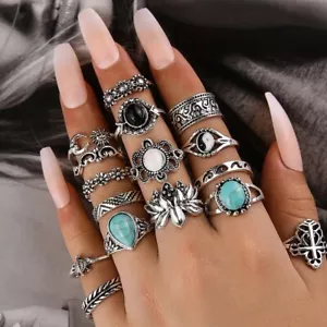 16-teiliges Set Retro Silber Finger offener Ring Böhmen Türkis Sonnenblume Tai Chi 2085 - Bild 1 von 2