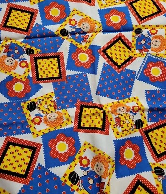 2 Yds Raggedy Ann Cotton Fabric Bobbs-Merrill Co Patchwork Blue Red Yellow 44"W - Image 1 of 4