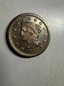 Excellent 1855 Braided Hair Liberty Head Large Cent - Slanted 5s - Picture 1 of 8
