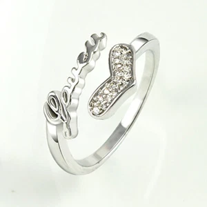 Women Rhodium Plated Heart CZ Silver Adjustable Ring Jewelry Ring - Picture 1 of 2