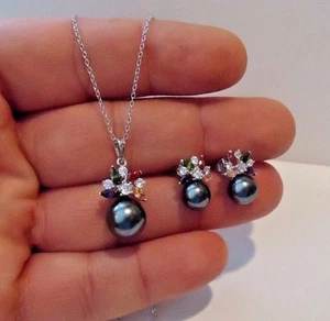 MULTI-COLOR FLOWER NECKLACE PENDANT & EARRING SET W/ PEARL /925 STERLING SILVER - Picture 1 of 12