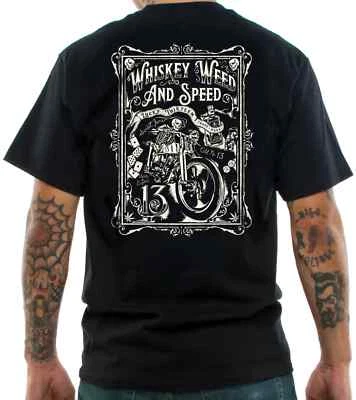 Lucky 13 Pin Up Street Rod 自行车 Americana 纹身男式 T 恤 WHISKEY WEED SPEED — 第 1/4 张图片
