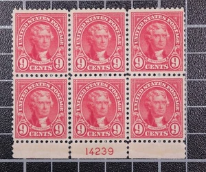 Scott 561 9 Cents Jefferson OG MH Plate Block Of 6 Bottom # 14239 SCV $250.00 - Picture 1 of 2