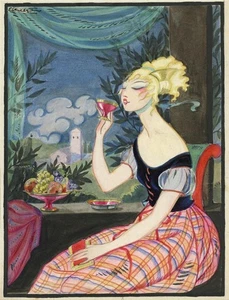 Art Deco Lady Drinking Wine - Watercolour Painting - Illustration - Signed - Picture 1 of 12