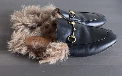 Gucci Slipper Mens sz 6 Black Princeton Fur Mule - Image 1 of 4