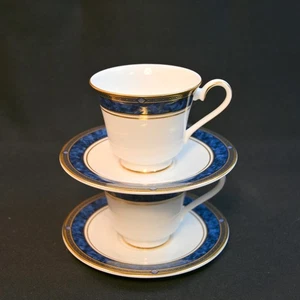 Royal Doulton 2 Cups & Saucers Stanwyck H5212 Blue Marble White w/Gold 1993-2007 - Picture 1 of 24