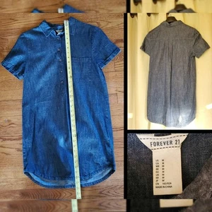 Vntg Forever 21 Dress MEDIUM NEW Midnight Blue Short Sleeve Denim Style Chambray - Picture 1 of 12