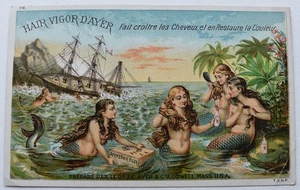 Nice French Victorian Trade Card Hair Vigor D’Ayer Ship & Mermaids - Imagen 1 de 2