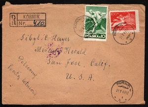 Poland Registered Cover to the United States 1949 Kornik to San Jose - Picture 1 of 2