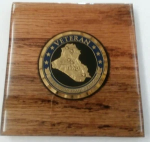 IRAQ VETERAN OIF CHALLENGE COIN DISPLAY PLAQUE with stand (Wood grain) - Picture 1 of 5