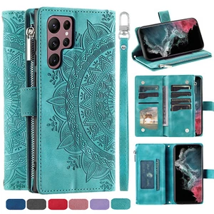 For Samsung S24 S23 Ultra S22 S21 S20 Plus Note20 S10 Zipper Leather Wallet Case - Picture 1 of 30