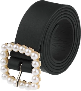 Women Faux Leather Pearl Buckle Belt 1.2" Wide Waistband Waist Belts for Jean... - Picture 1 of 6