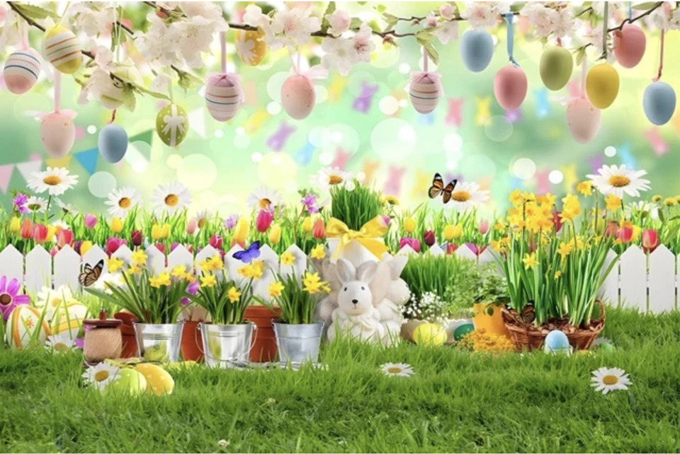 EASTER EGGS HUNT BUNNY FLOWERS BUTTERFLY PERSONALISED PARTY BANNER BACKDROP - Image 1 of 3